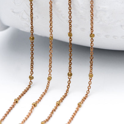 Dainty Raw Brass Beaded Cable Chains, 1.2mm Tiny Chain with 1.4mm Cube Beads, Delicate Chains for DIY Necklace (#LK-263-RB)/ 1 Meter=3.3 ft