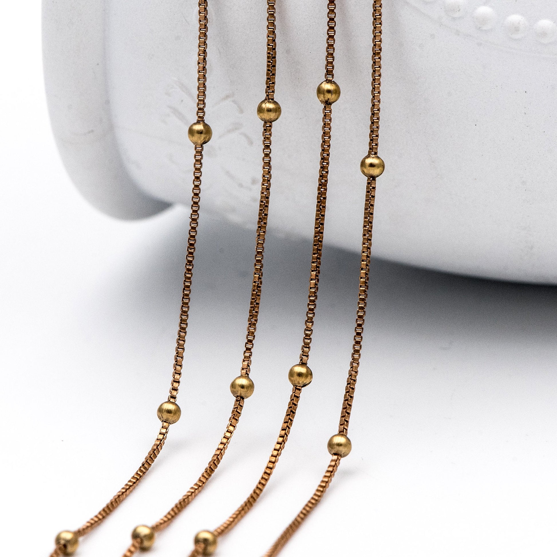 Dainty Raw Brass Beaded Box Chains, 0.9mm Box Chain with 2.5mm Round Ball Beads, Tiny Necklace Chain Wholesale (#LK-261-RB)/ 1 Meter=3.3 ft
