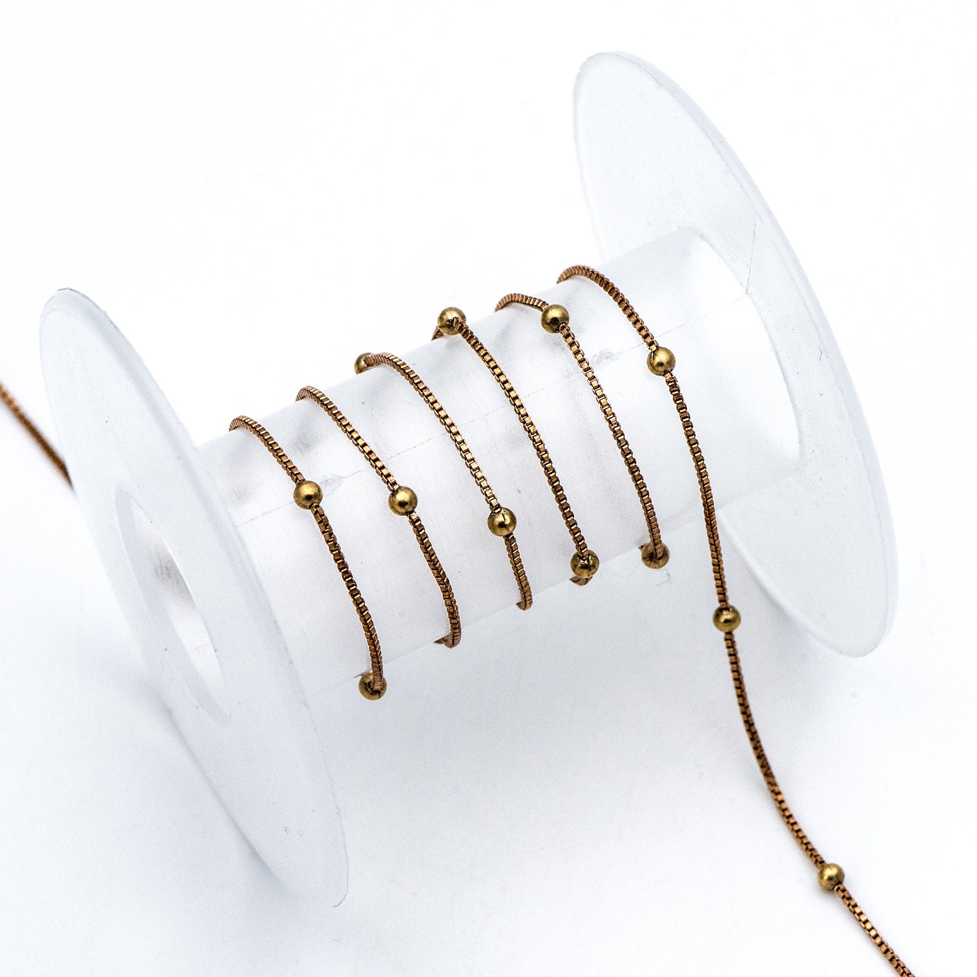 Dainty Raw Brass Beaded Box Chains, 0.9mm Box Chain with 2.5mm Round Ball Beads, Tiny Necklace Chain Wholesale (#LK-261-RB)/ 1 Meter=3.3 ft