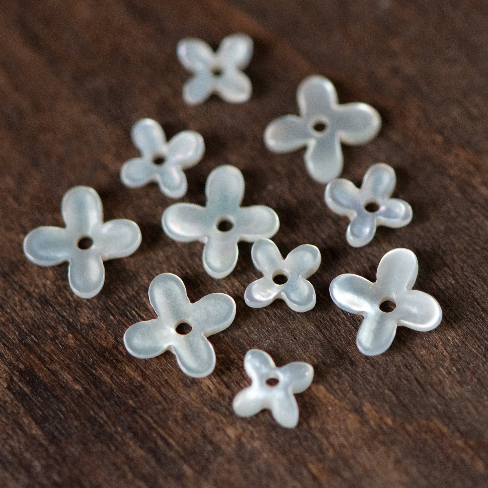 10pcs White Mother of Pearl Shell Flowers, Floral MOP Cabochon Beads 6mm/ 8mm (#V1343)