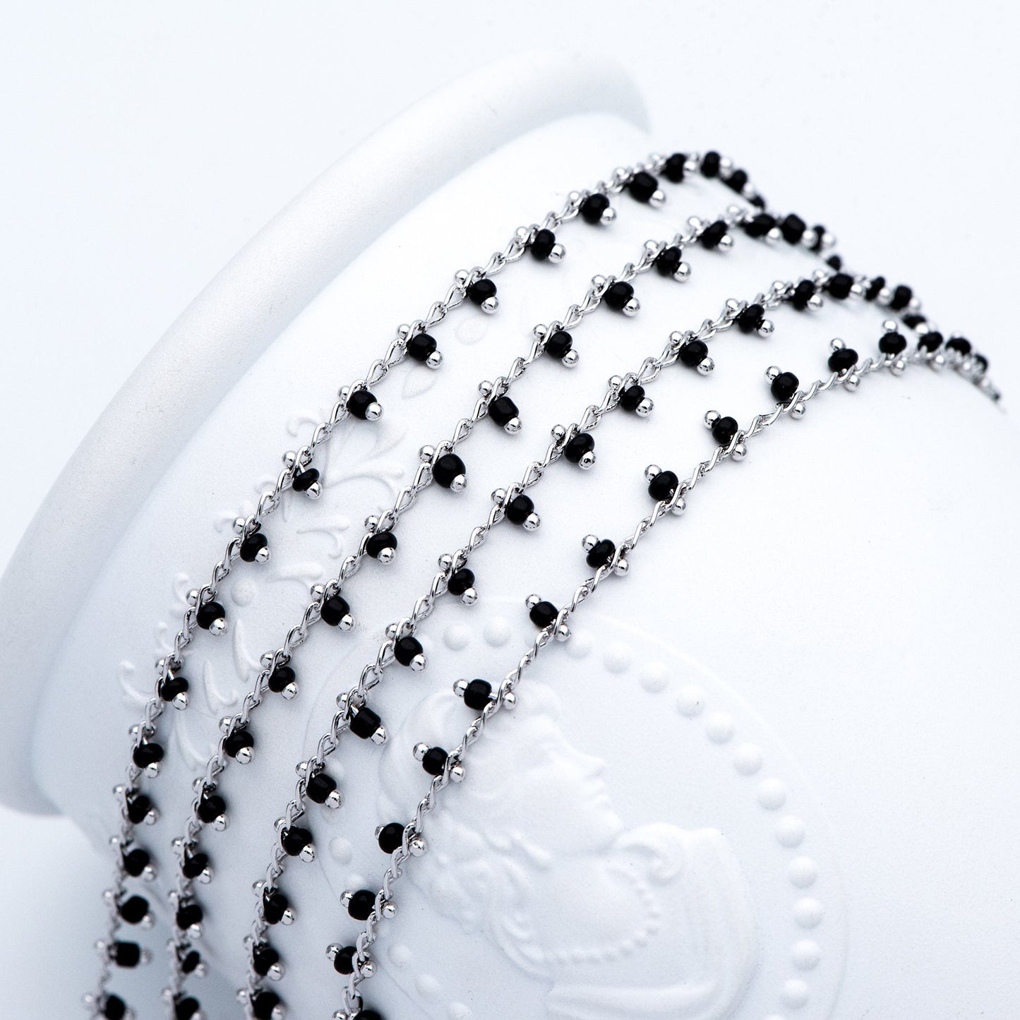 Rhodium plated Brass Beaded Chains, Silver tone Chain with Black Glass Seed Beads, Necklace Chain Components (#LK-271-2)/ 1 Meter=3.3 ft