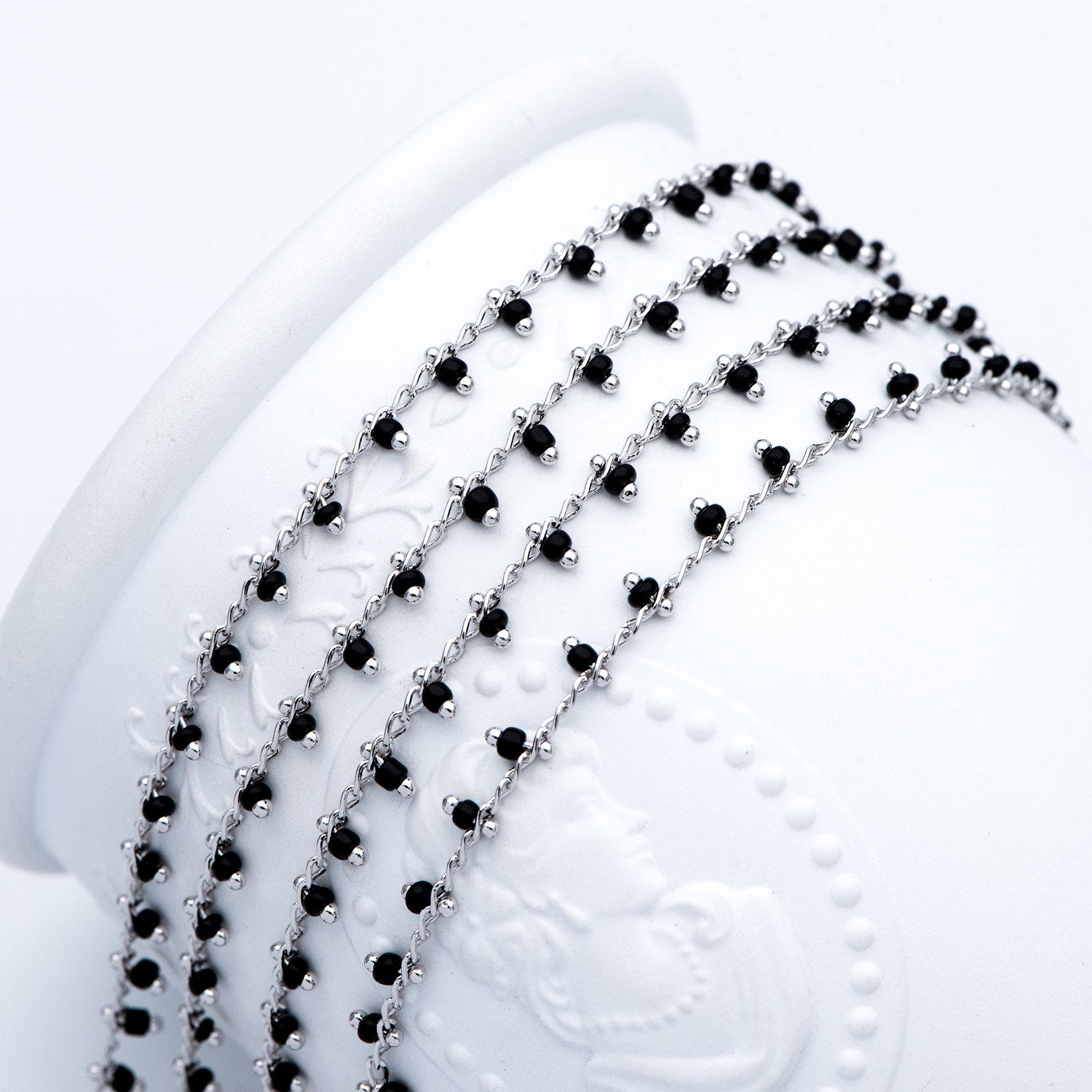 Rhodium plated Brass Beaded Chains, Silver tone Chain with Black Glass Seed Beads, Necklace Chain Components (#LK-271-2)/ 1 Meter=3.3 ft