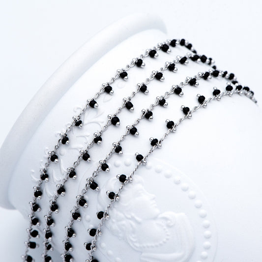 Rhodium plated Brass Beaded Chains, Silver tone Chain with Black Glass Seed Beads, Necklace Chain Components (#LK-271-2)/ 1 Meter=3.3 ft