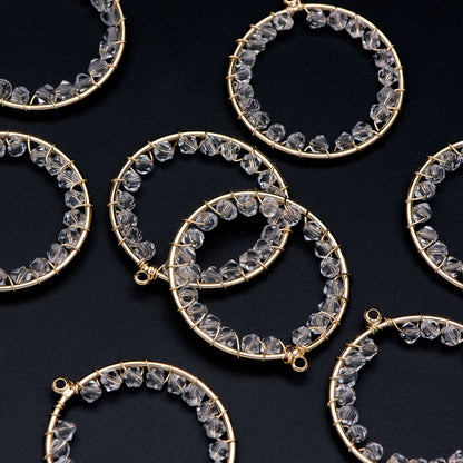 10pcs Gold Beaded 31x33mm Round Loop Charms, Wired Crystal Beads Geometric Hoop Pendants, Dangle Earring Components (GB-552-G)