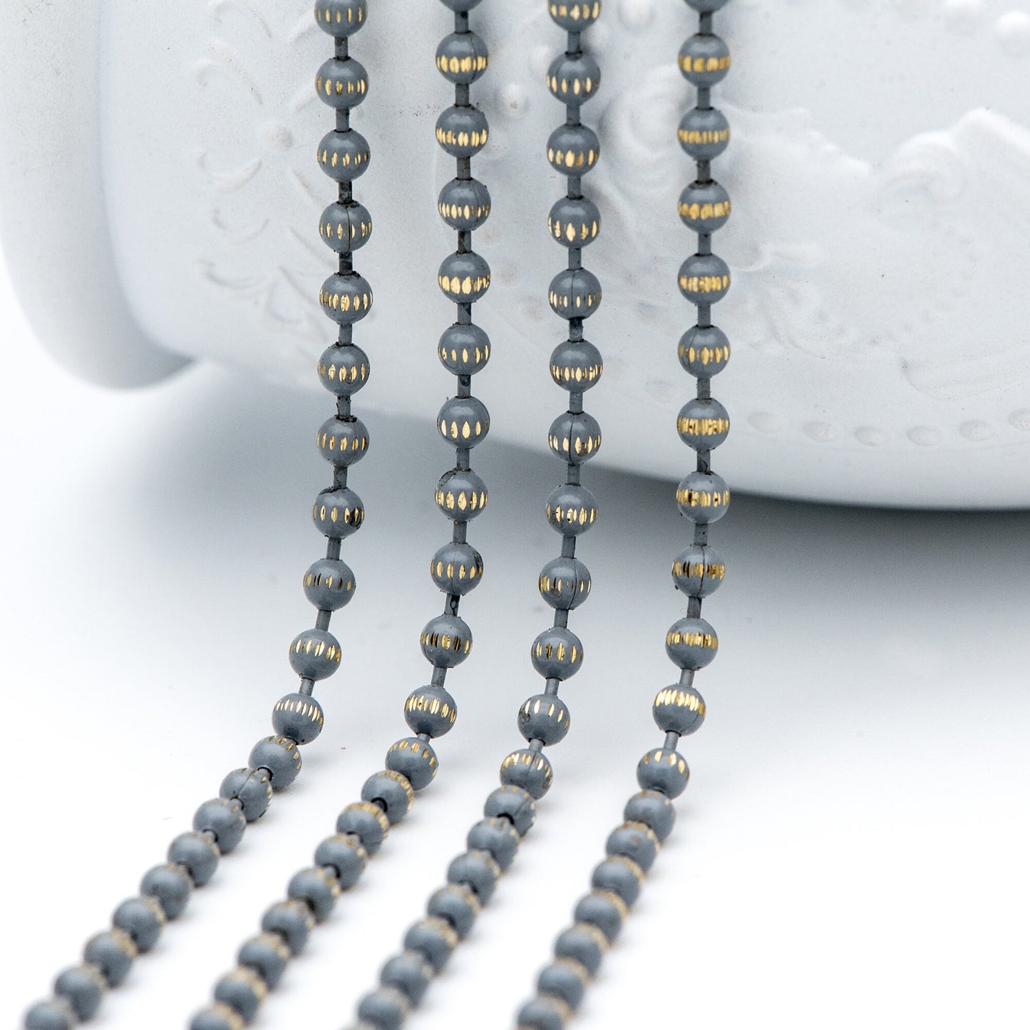 Brass Beaded Ball Chain 3mm, White Grey Coffee (#LK-255)/ 1 Meters=3.3ft