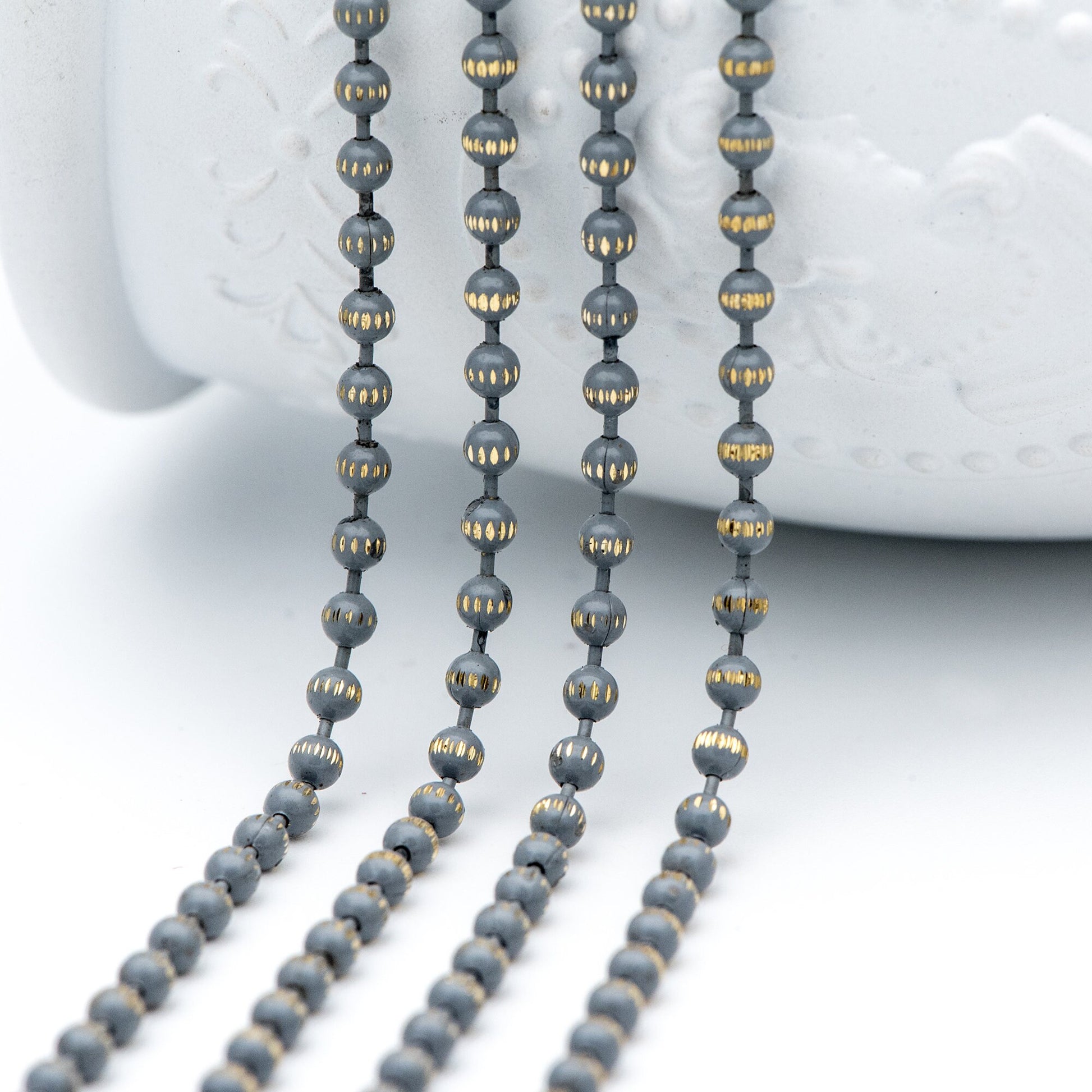 Brass Beaded Ball Chain 3mm, White Grey Coffee (#LK-255)/ 1 Meters=3.3ft