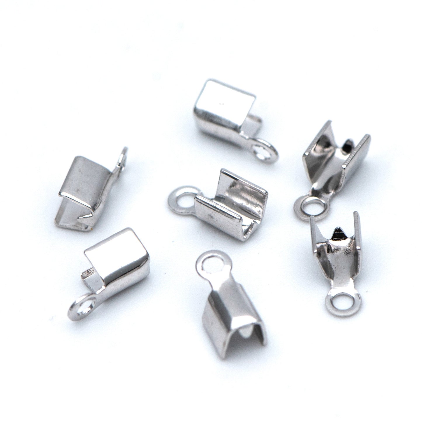 20pcs Silver tone Crimp End Tips, Leather Hemp Cord Chain Ends, 8x3/ 9x4mm, Rhodium plated Brass, Thick and Sturdy (GB-674)