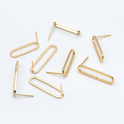 10pcs Long Oval Hoop Ear Posts, 18K Gold/ Rhodium plated Brass, Geometric Stud Earring, 20mm / 25mm, DIY Ear Wire Findings (GB-711)
