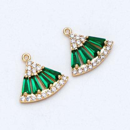 4pcs Emerald CZ Pave Gold Fan Shaped Charms 11x12mm, Green Rhinestone Geometric Pendants, Real Gold plated Brass Findings (GB-712)