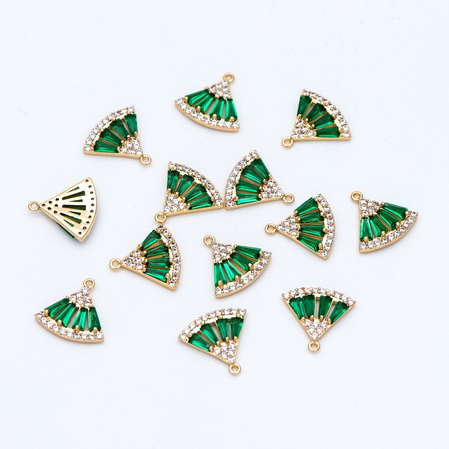 4pcs Emerald CZ Pave Gold Fan Shaped Charms 11x12mm, Green Rhinestone Geometric Pendants, Real Gold plated Brass Findings (GB-853-D)