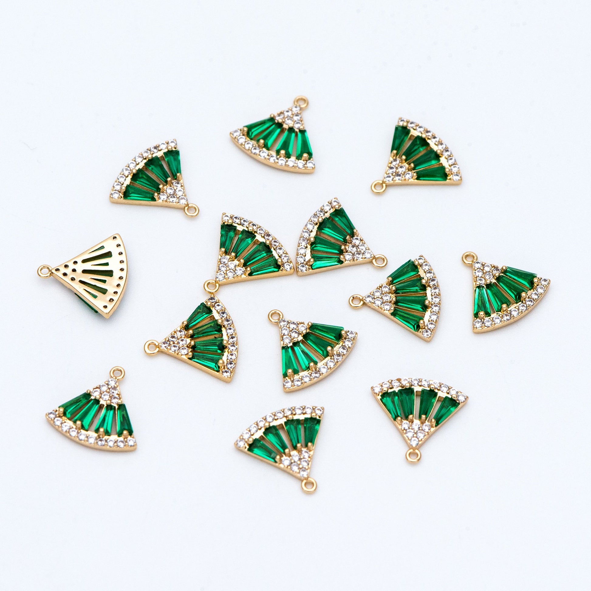 4pcs Emerald CZ Pave Gold Fan Shaped Charms 11x12mm, Green Rhinestone Geometric Pendants, Real Gold plated Brass Findings (GB-853-D)