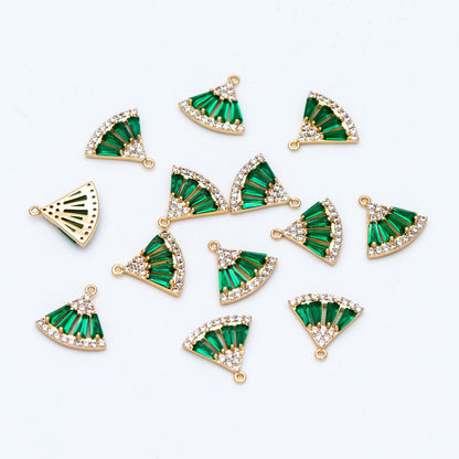 4pcs Emerald CZ Pave Gold Fan Shaped Charms 11x12mm, Green Rhinestone Geometric Pendants, Real Gold plated Brass Findings (GB-853-D)