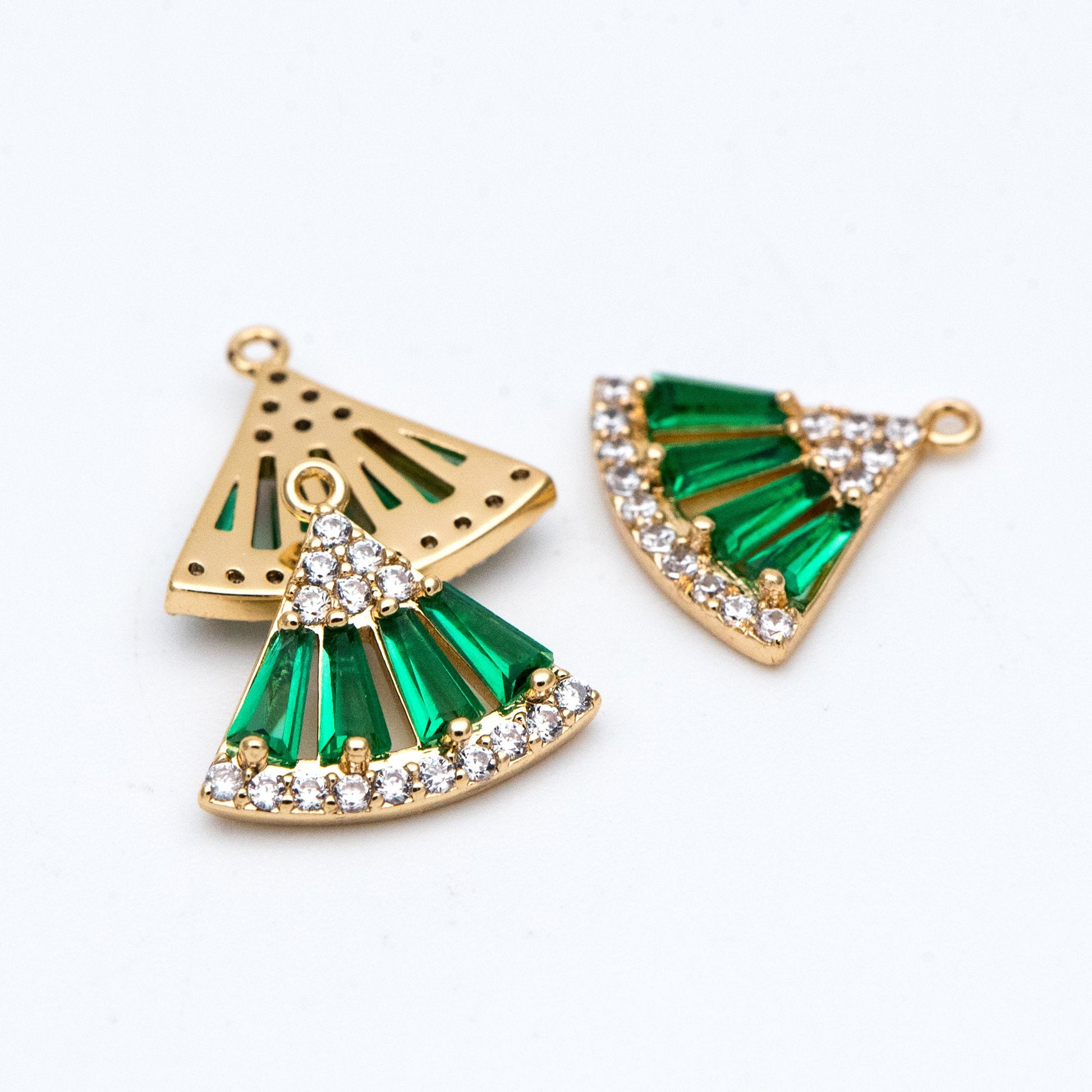 4pcs Emerald CZ Pave Gold Fan Shaped Charms 11x12mm, Green Rhinestone Geometric Pendants, Real Gold plated Brass Findings (GB-712)