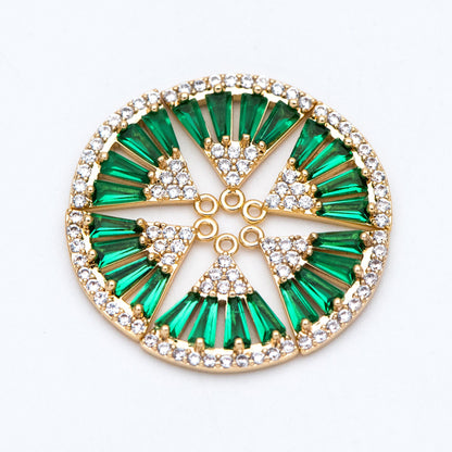 4pcs Emerald CZ Pave Gold Fan Shaped Charms 11x12mm, Green Rhinestone Geometric Pendants, Real Gold plated Brass Findings (GB-712)