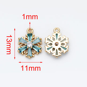 4pcs Gold Snowflake Charms: CZ Pave Aqua Rhinestone Pendants, 11x13mm (GB-713-G)