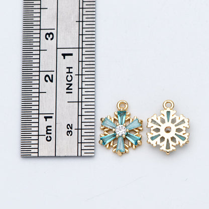 4pcs Gold Snowflake Charms: CZ Pave Aqua Rhinestone Pendants, 11x13mm (GB-713-G)