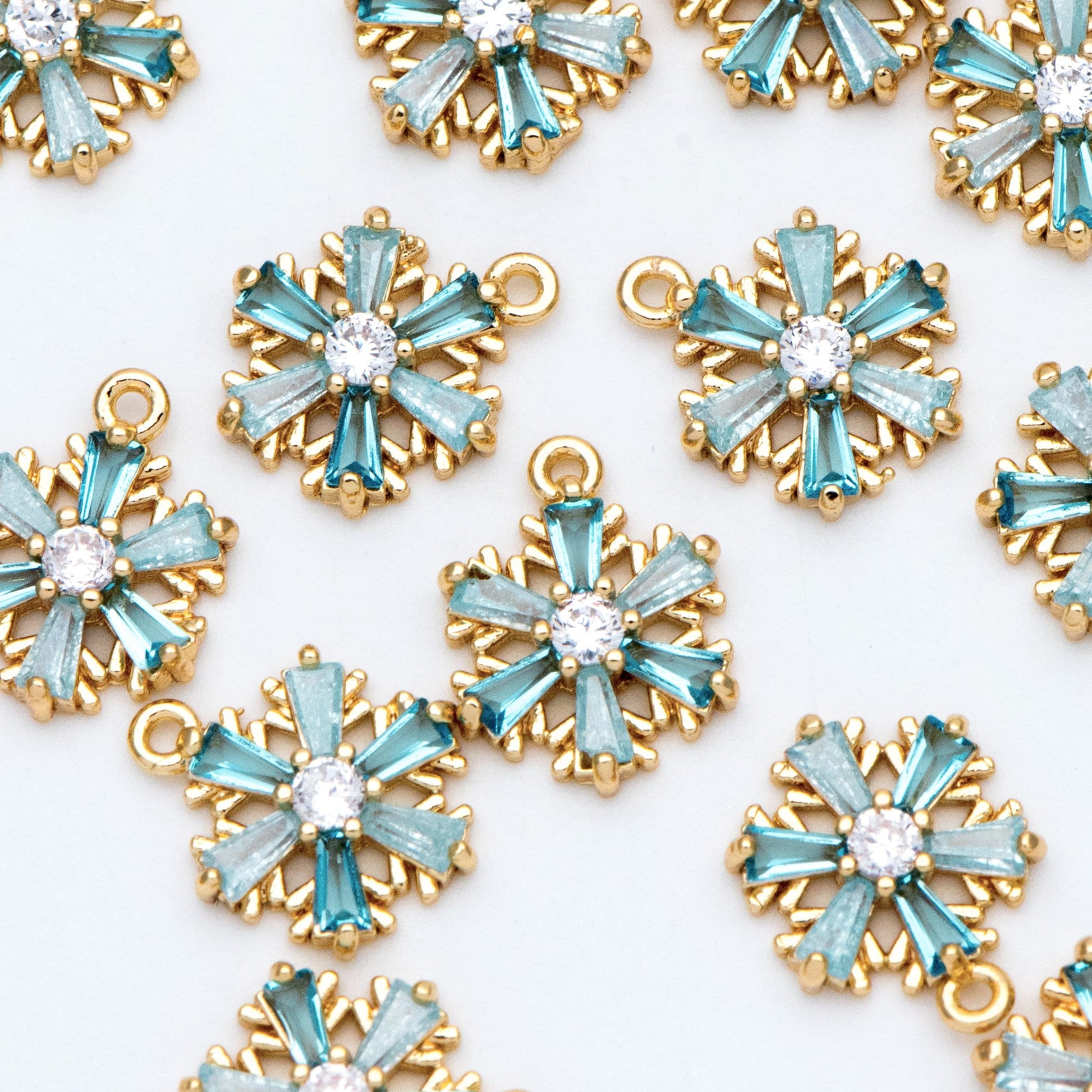 4pcs Gold Snowflake Charms: CZ Pave Aqua Rhinestone Pendants, 11x13mm (GB-713-G)