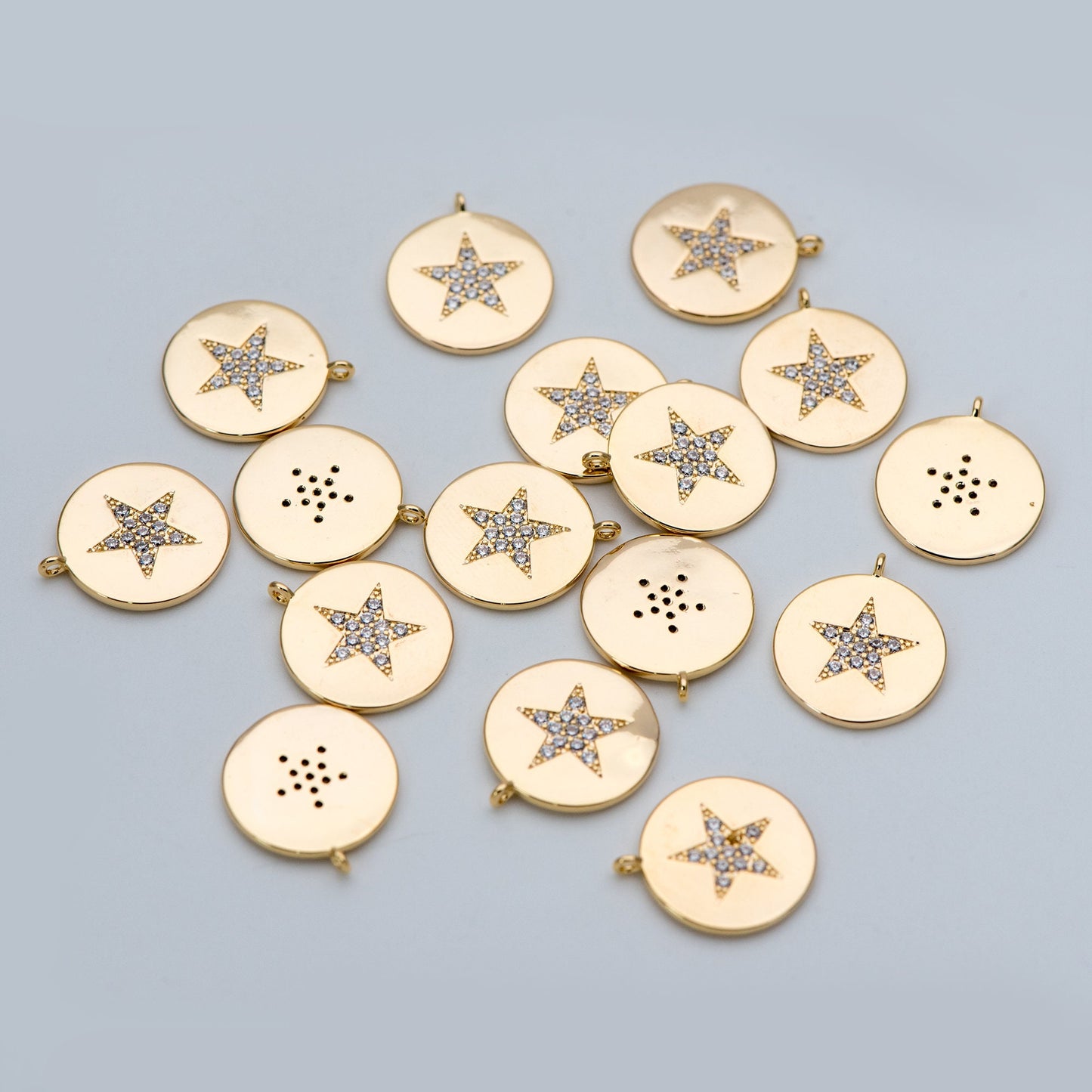 4pcs CZ Pave Gold Star Charms 15mm, Real Gold plated Brass, Round Coin Disk Pendants (GB-2900-A)