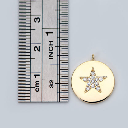 4pcs CZ Pave Gold Star Charms 15mm, Real Gold plated Brass, Round Coin Disk Pendants (GB-2900-A)