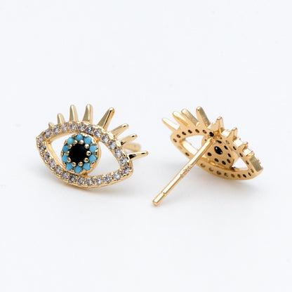 4pcs CZ Pave Evil Eye Earring Stud, Real Gold plated Brass, Cubic Zirconia Paved Eye Earrings (GB-754)