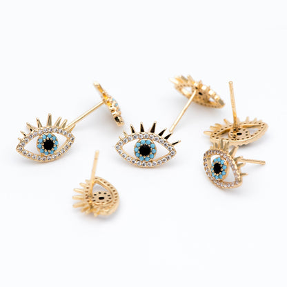 4pcs CZ Pave Evil Eye Earring Stud, Real Gold plated Brass, Cubic Zirconia Paved Eye Earrings (GB-754)