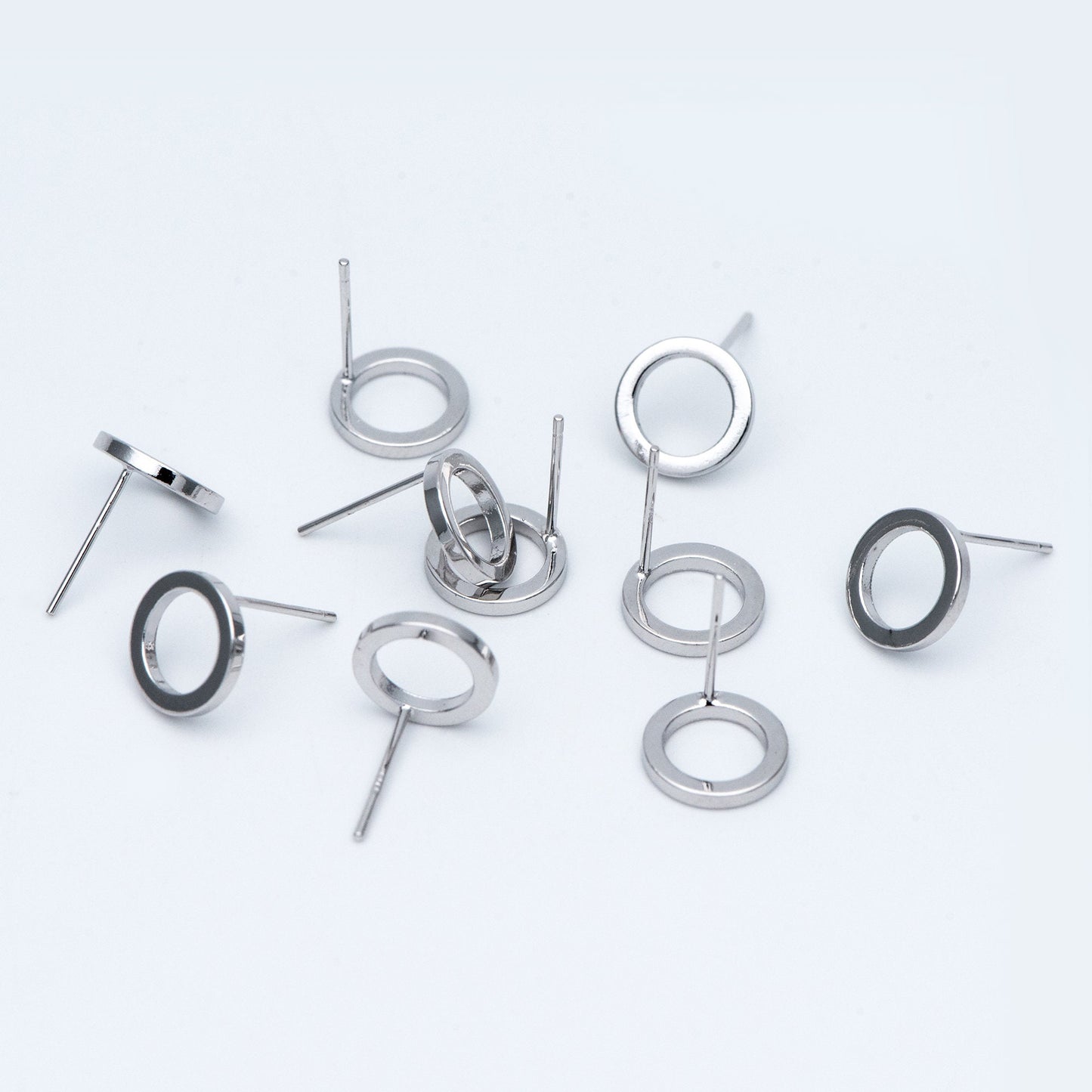 10pcs Silver tone Round Circle Ear Posts 10mm, Rhodium plated Brass, Geometric Loop Stud Earrings (GB-756)