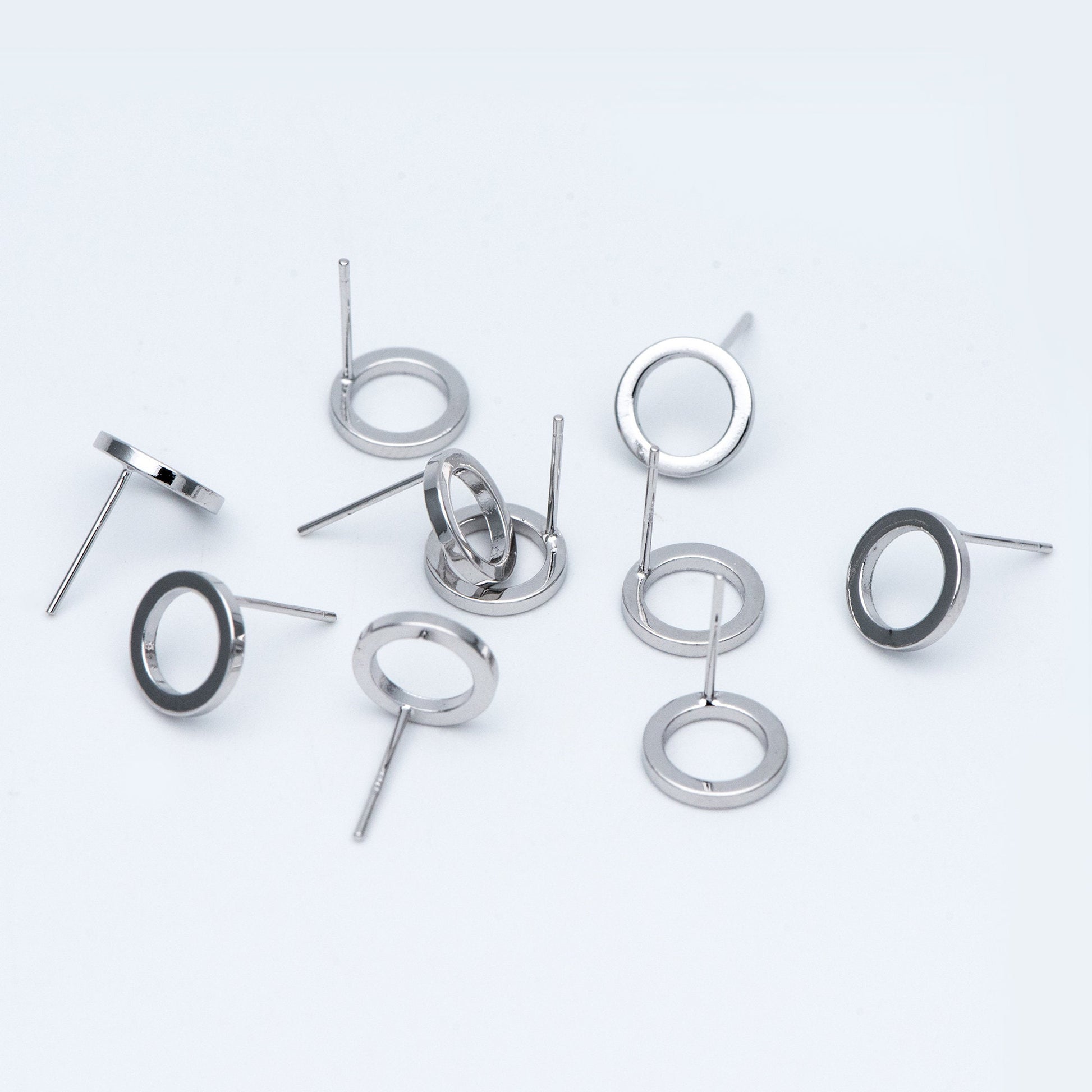 10pcs Silver tone Round Circle Ear Posts 10mm, Rhodium plated Brass, Geometric Loop Stud Earrings (GB-756)