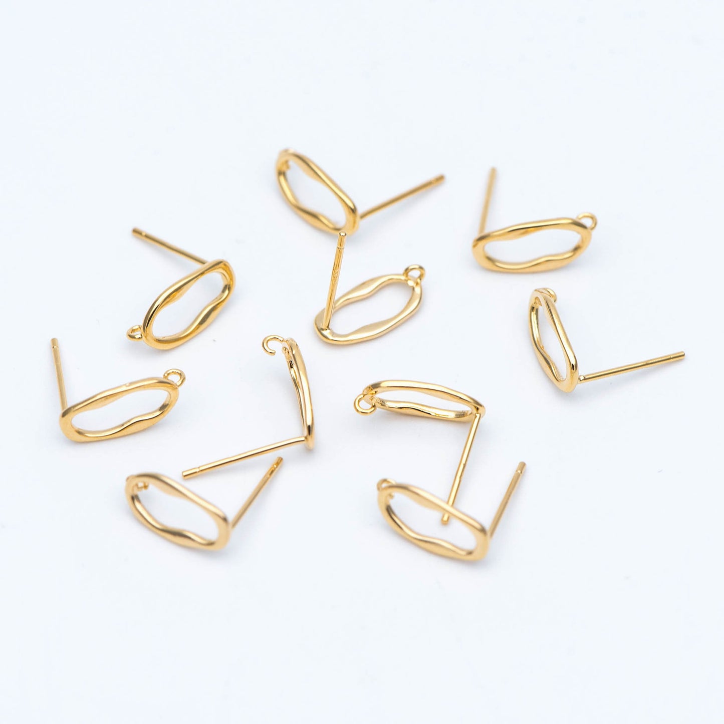 10pcs Gold Oval Earring Post, Geometric Stud Earrings with Open Loops, DIY Ear Wire Findings (GB-676)