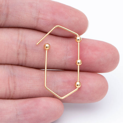 10pcs Gold Earring Hooks 34x17mm, Stud Earring Posts with Beads, Geometric Ear Wire Components (GB-677)