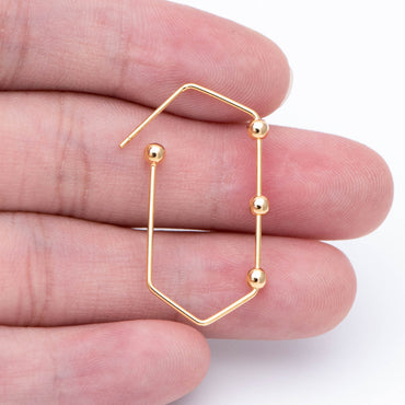 10pcs Gold Earring Hooks 34x17mm, Stud Earring Posts with Beads, Geometric Ear Wire Components (GB-677)
