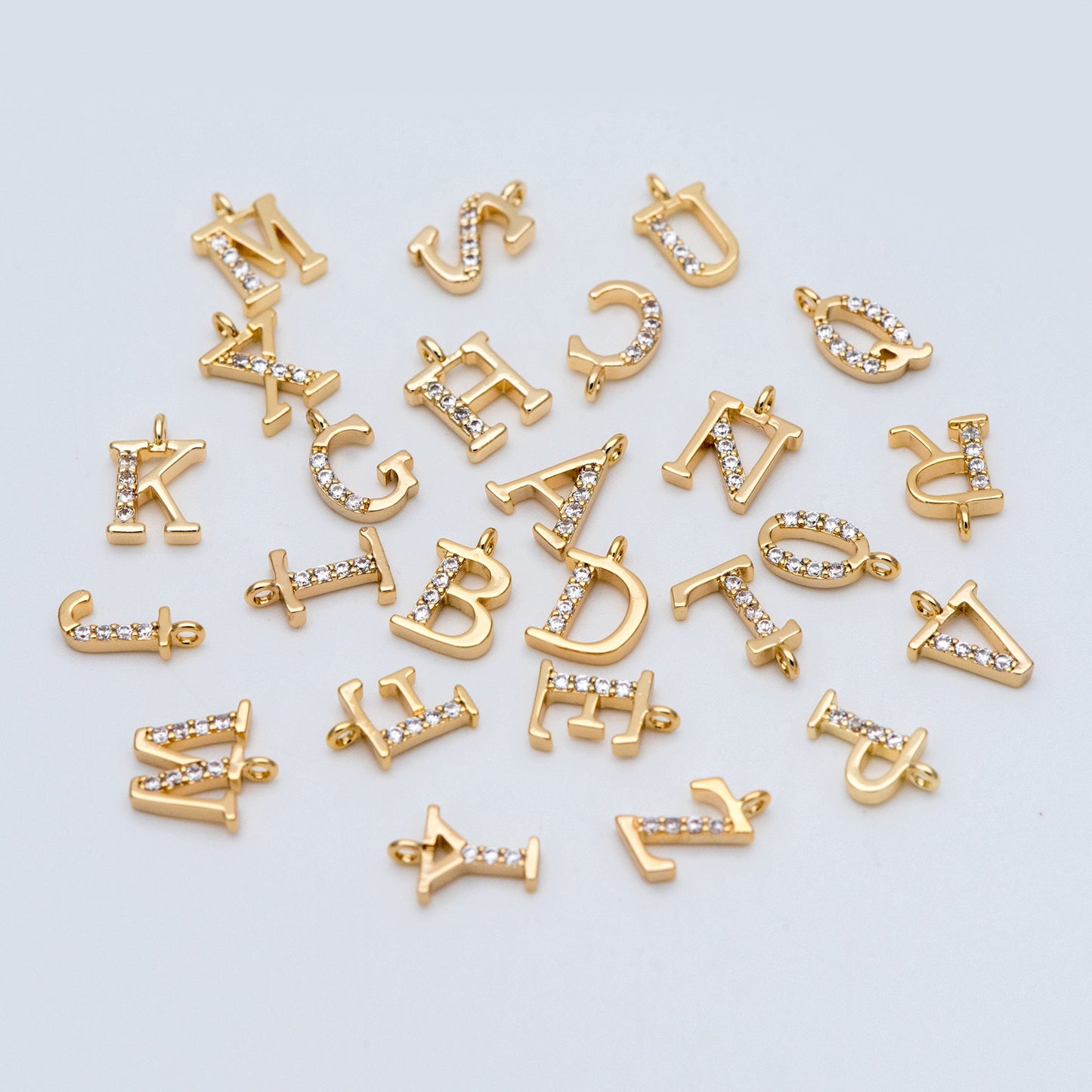 CZ Pave Gold Alphabet Beads, 18K Gold plated Brass, English Letter Charm Pendants 10mm, You Choose Letter (GB-723)
