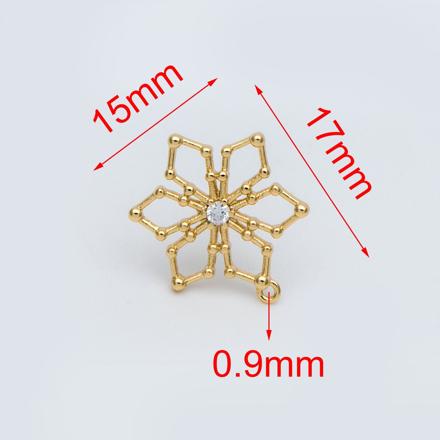 10pcs CZ Pave Snowflake Ear Posts 15mm, Real Gold Plated Brass Earrings, Sterling Silver Stud (GB-740)