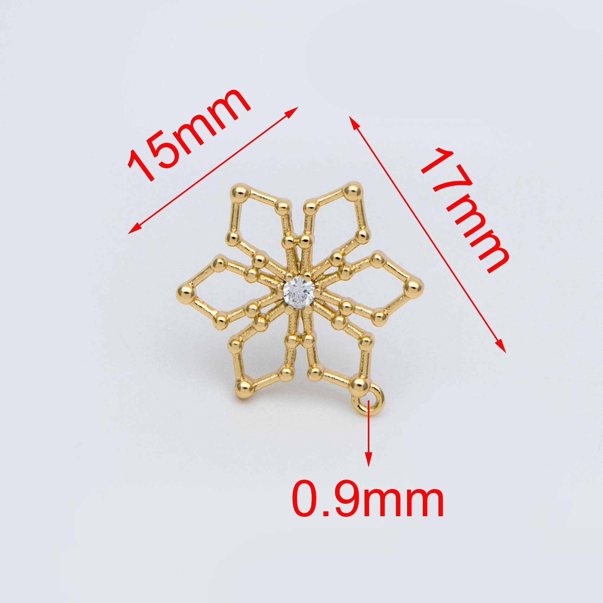 10pcs CZ Pave Snowflake Ear Posts 15mm, Real Gold Plated Brass Earrings, Sterling Silver Stud (GB-740)