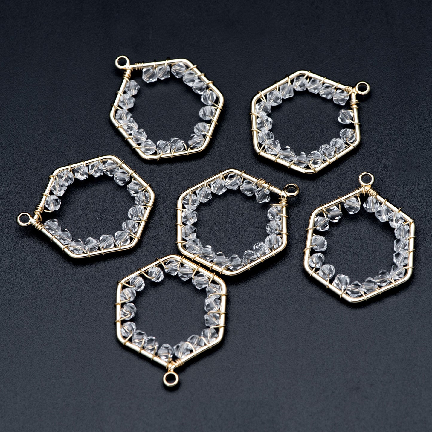10pcs Gold Beaded Hexagonal Charms , Wired Crystal Beads Geometric Pendants, Dangle Earring Components (GB-684)
