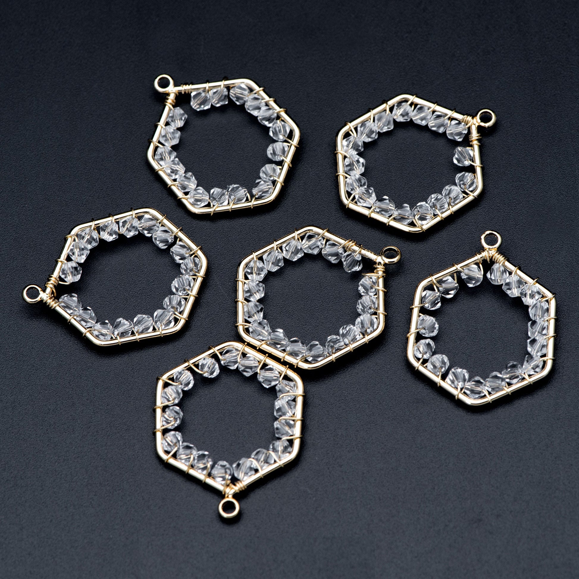 10pcs Gold Beaded Hexagonal Charms , Wired Crystal Beads Geometric Pendants, Dangle Earring Components (GB-684)