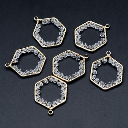 10pcs Gold Beaded Hexagonal Charms , Wired Crystal Beads Geometric Pendants, Dangle Earring Components (GB-552-F)