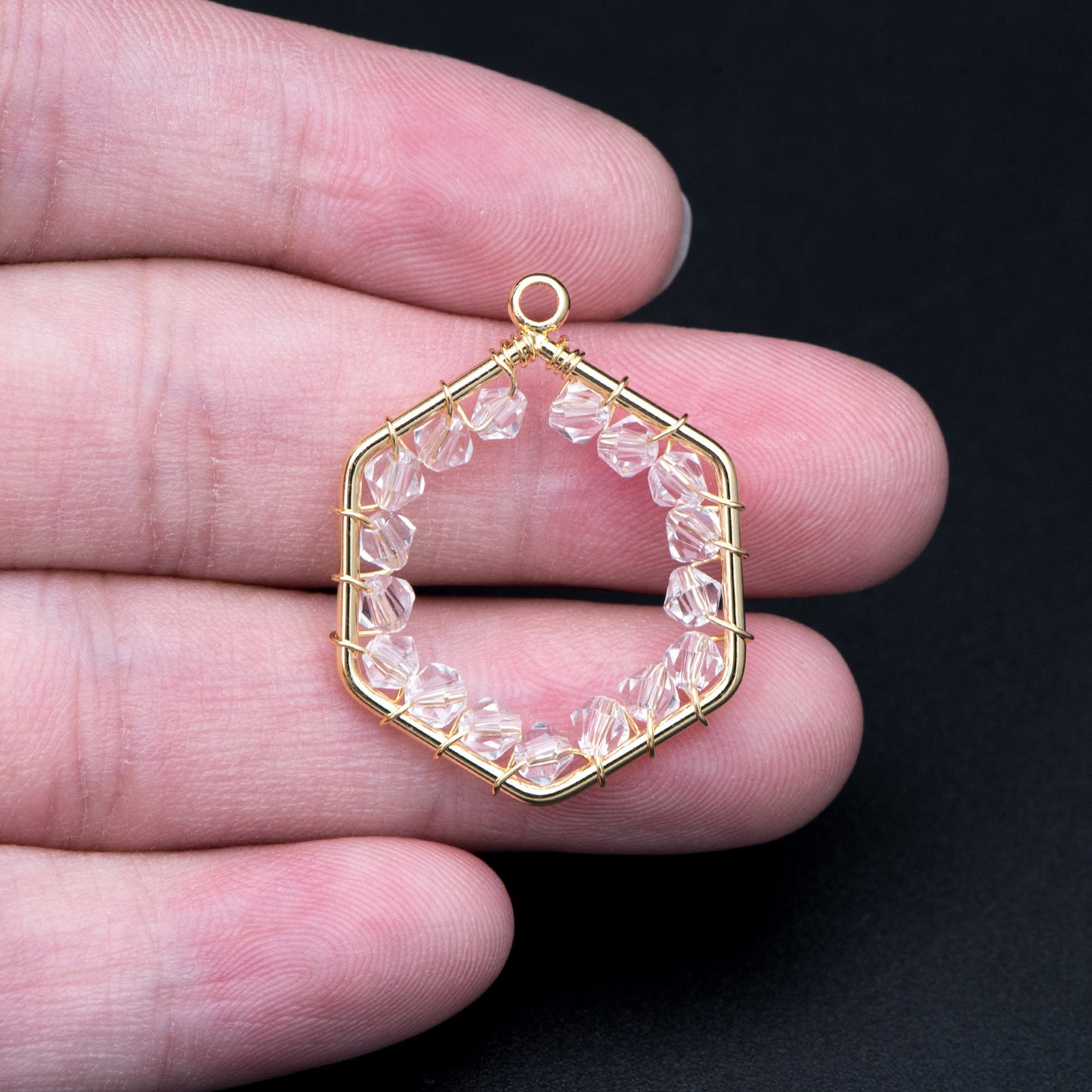 10pcs Gold Beaded Hexagonal Charms , Wired Crystal Beads Geometric Pendants, Dangle Earring Components (GB-684)
