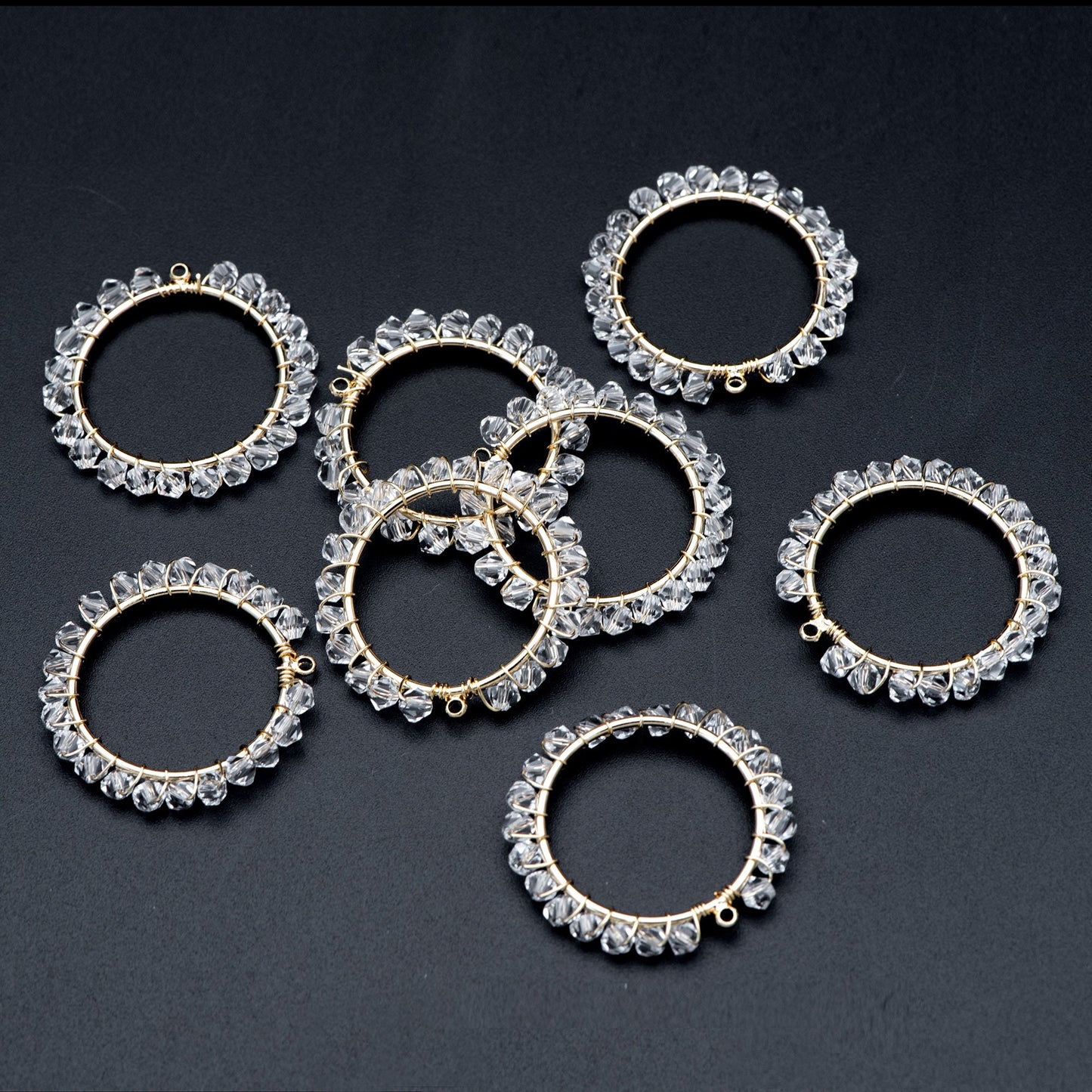 10pcs Gold Beaded 29mm Round Circle Charms , Wired Crystal Beads Geometric Pendants, Dangle Earring Components (GB-683)