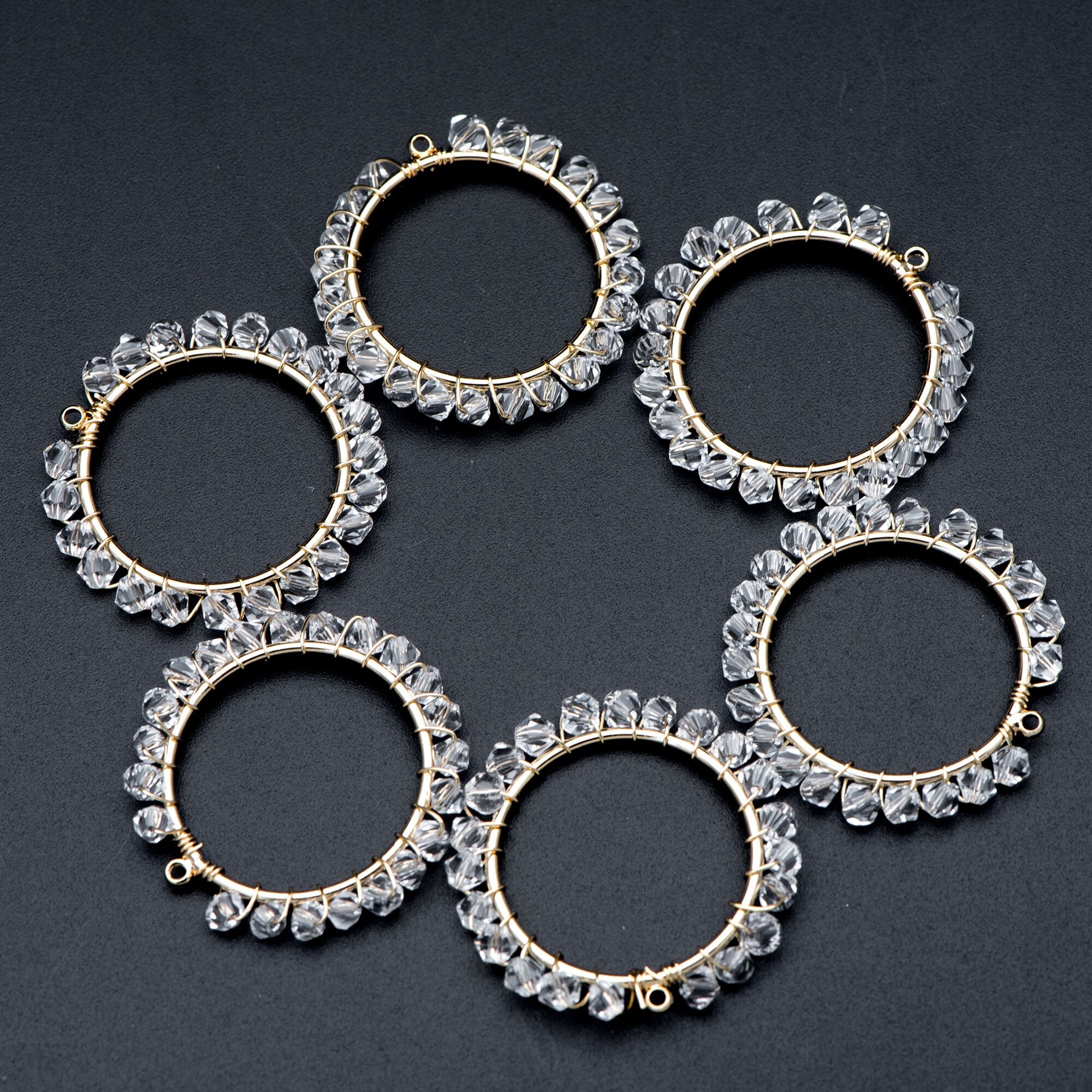 10pcs Gold Beaded 29mm Round Circle Charms , Wired Crystal Beads Geometric Pendants, Dangle Earring Components (GB-683)