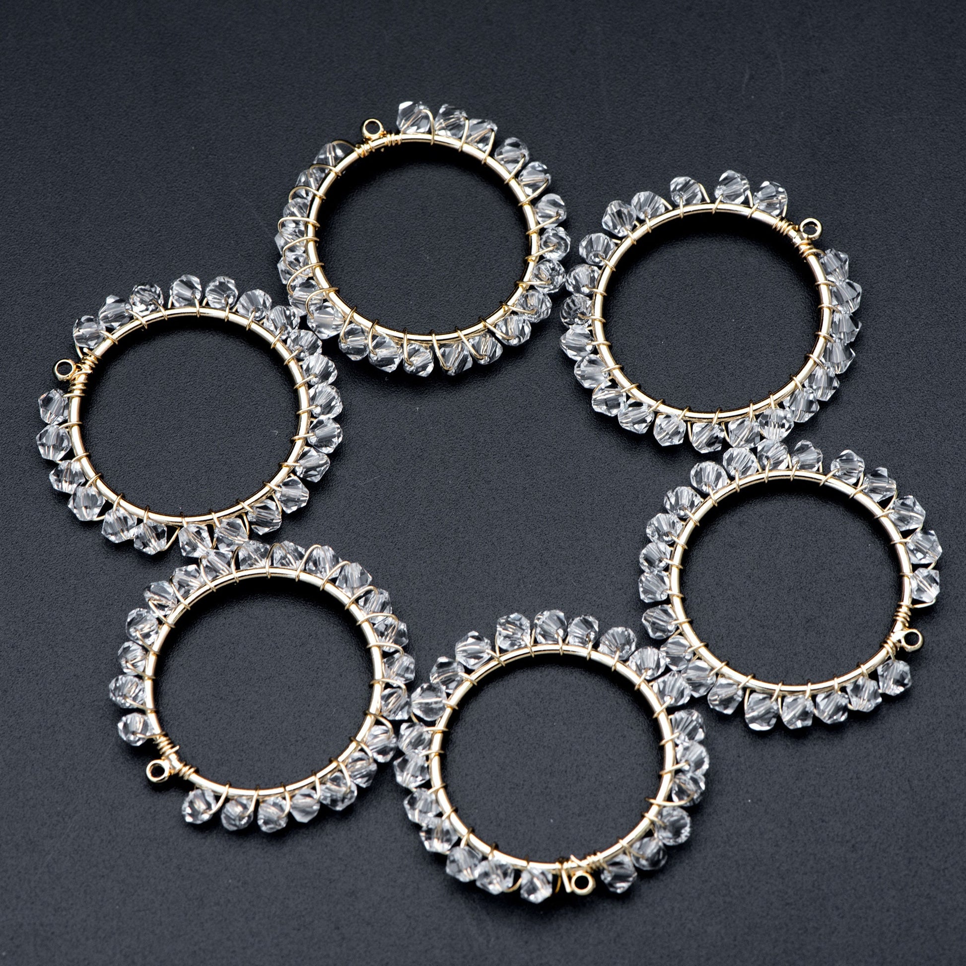 10pcs Gold Beaded 29mm Round Circle Charms , Wired Crystal Beads Geometric Pendants, Dangle Earring Components (GB-552-E)