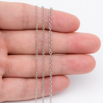 Stainless Steel Oval Cable Chains, Silver tone Dainty Chain 1.3/ 1.6/ 2mm, Color Not Tarnish (#LK-292)/ 1 Meter=3.3 ft