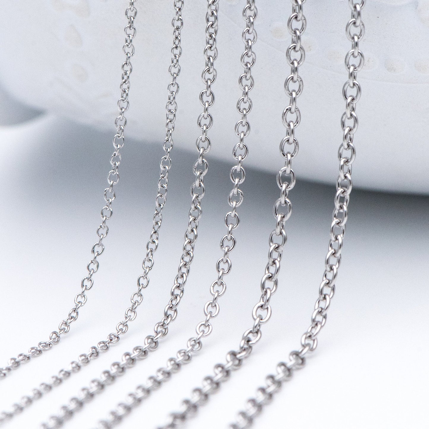 Stainless Steel Oval Cable Chains, Silver tone Dainty Chain 1.3/ 1.6/ 2mm, Color Not Tarnish (#LK-292)/ 1 Meter=3.3 ft