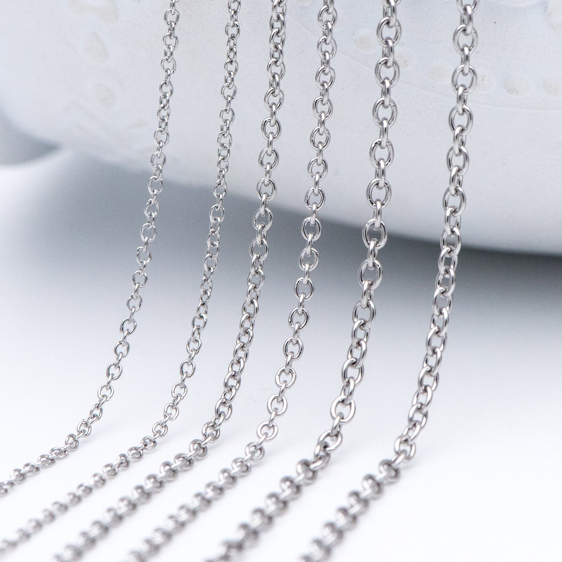 Stainless Steel Oval Cable Chains, Silver tone Dainty Chain 1.3/ 1.6/ 2mm, Color Not Tarnish (#LK-292)/ 1 Meter=3.3 ft