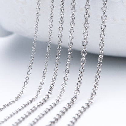 Stainless Steel Oval Cable Chains, Silver tone Dainty Chain 1.3/ 1.6/ 2mm, Color Not Tarnish (#LK-292)/ 1 Meter=3.3 ft