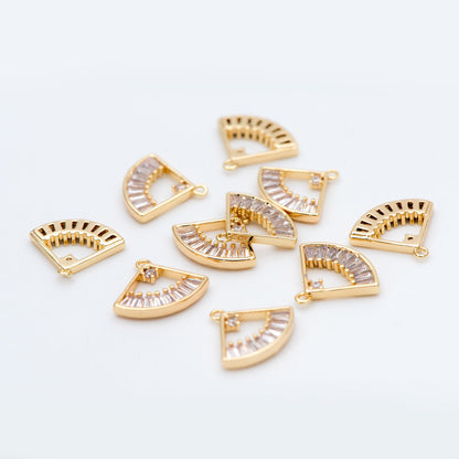10pcs CZ Pave Gold Fan Shaped Charm 13x11mm, 18K Gold plated on Brass (GB-687)
