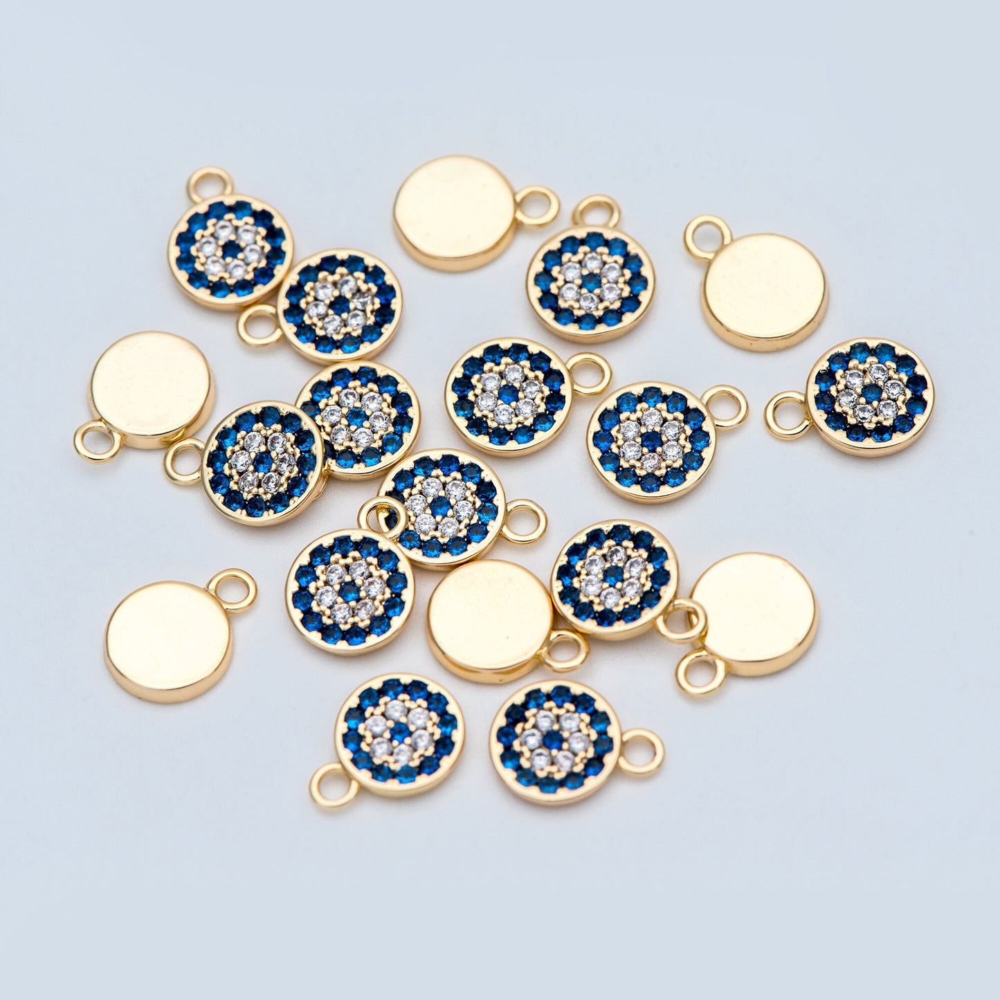 4pcs CZ Pave Gold Disc Charms 7x10mm, Evil Eye Coin Pendants (GB-1819-A)