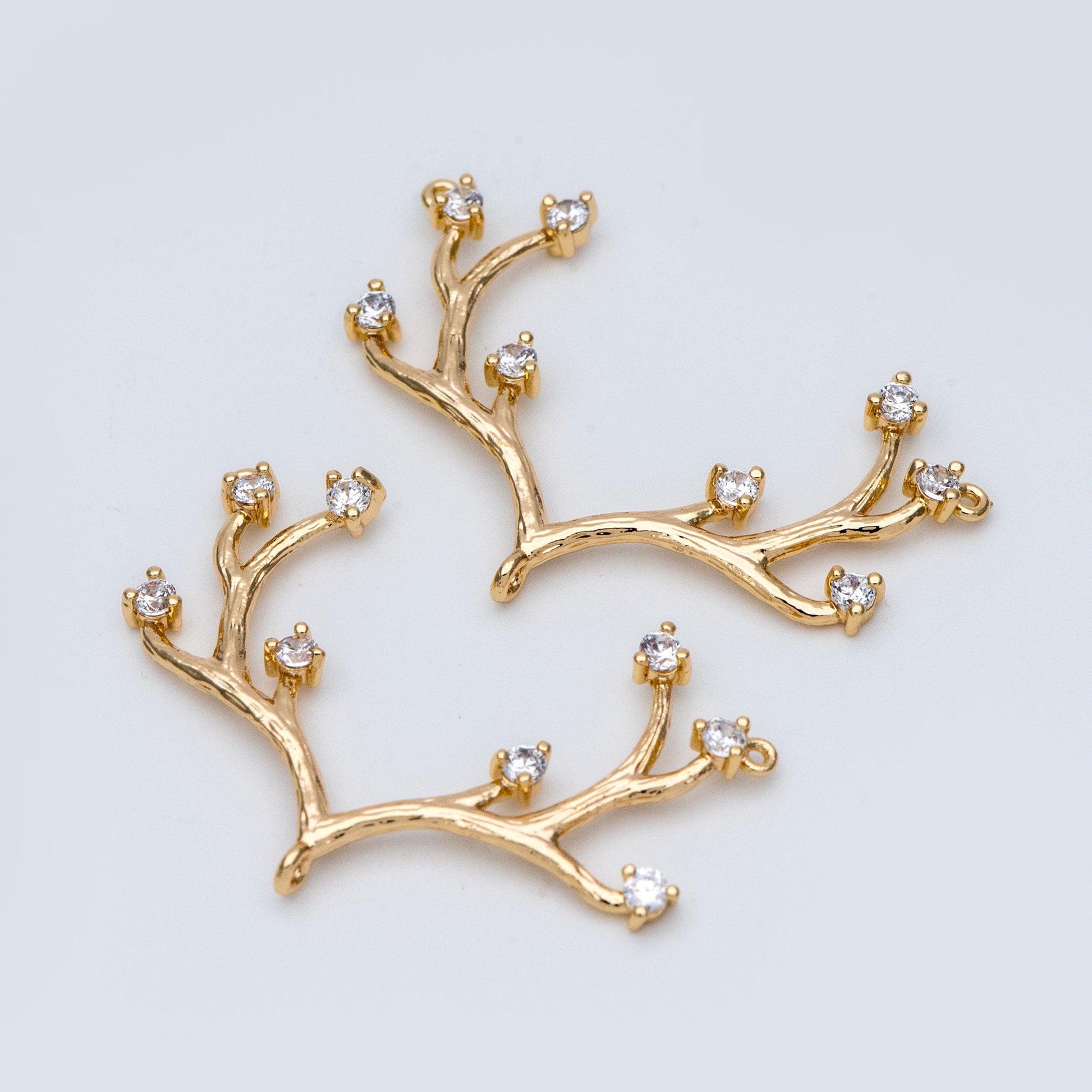 4pcs CZ Pave Gold Antler Pendants 36x22mm, 18K Gold plated Brass, Buckhorn Charm Connectors, Include 3 Loops (GB-427-D)