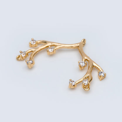 4pcs CZ Pave Gold Antler Pendants 36x22mm, 18K Gold plated Brass, Buckhorn Charm Connectors, Include 3 Loops (GB-427-D)