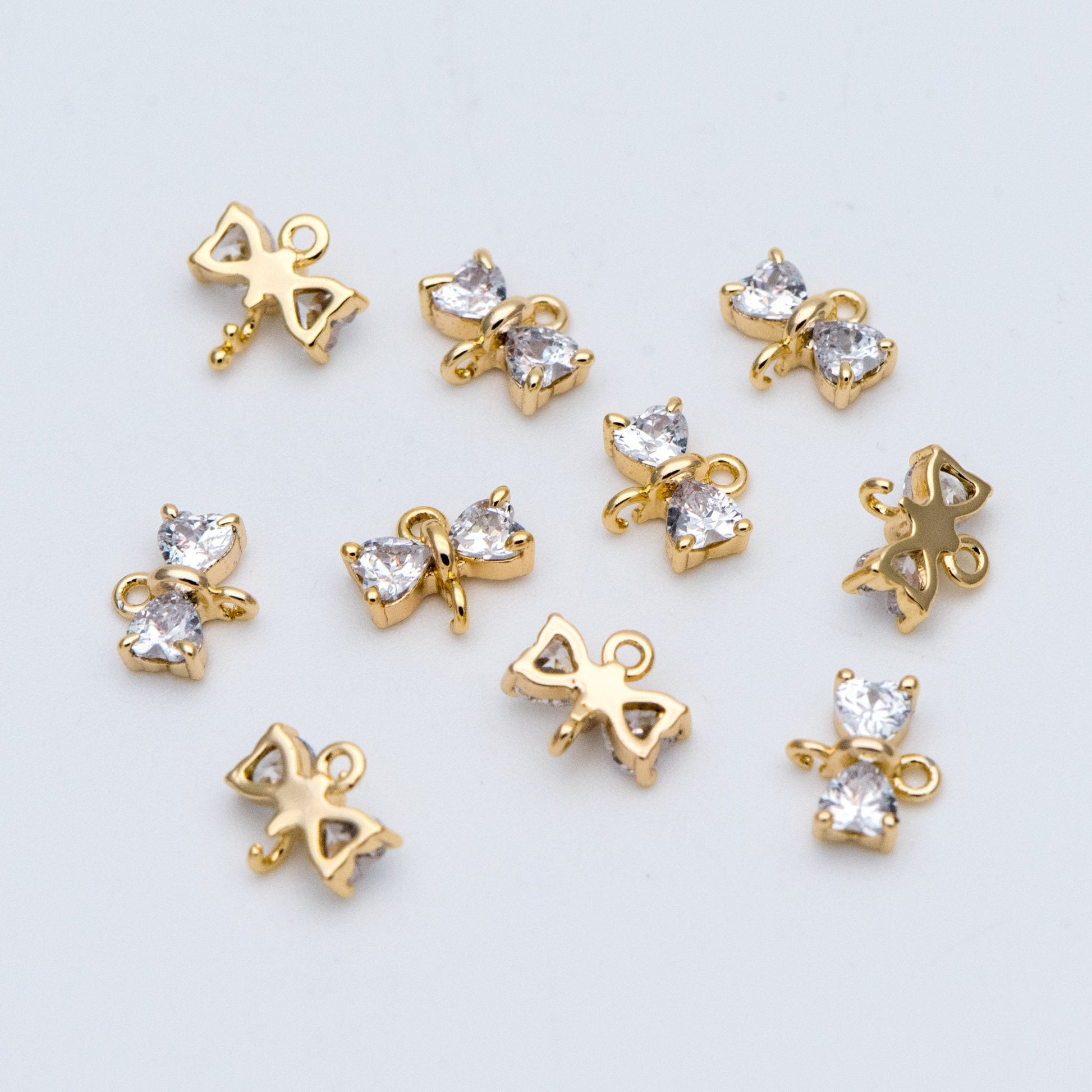 10pcs Gold Bow Knot Charm Connectors 6x7mm, CZ Pave Tiny Bowknot Charms (#GB-2947-A)