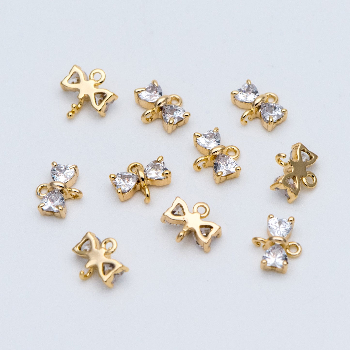 10pcs Gold Bow Knot Charm Connectors 6x7mm, CZ Pave Tiny Bowknot Charms (#GB-2947-A)